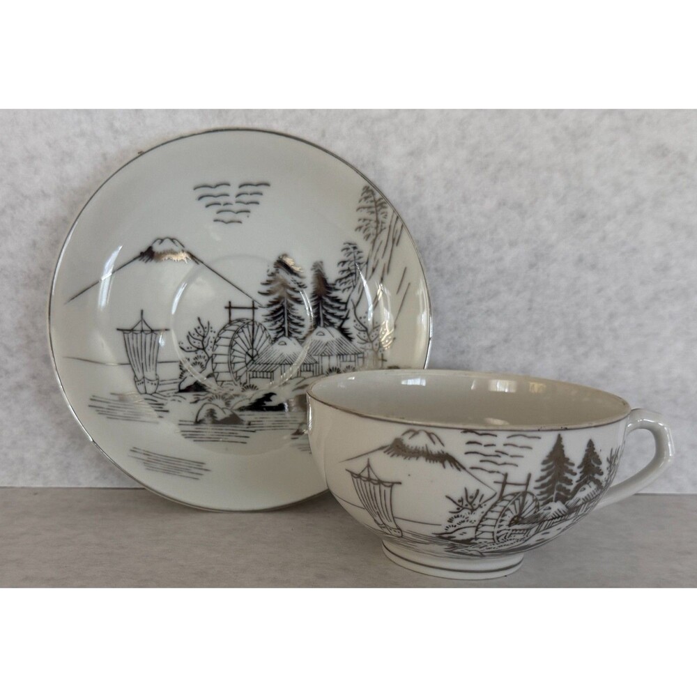 Kutani Lithophane Cup and Saucer Set,Silver Gilt Geisha Girl